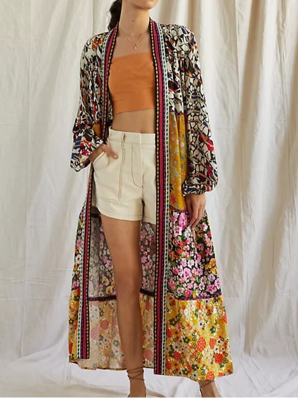 Anthropologie Conditions Apply Retro Floral Tiered Kimono Embroidered Patchwork - Picture 1 of 7
